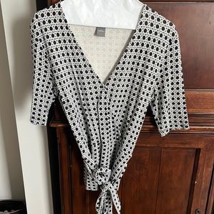 Ann Taylor Geo Patterned Criss-Crossed PeplumTop with Belted Tie